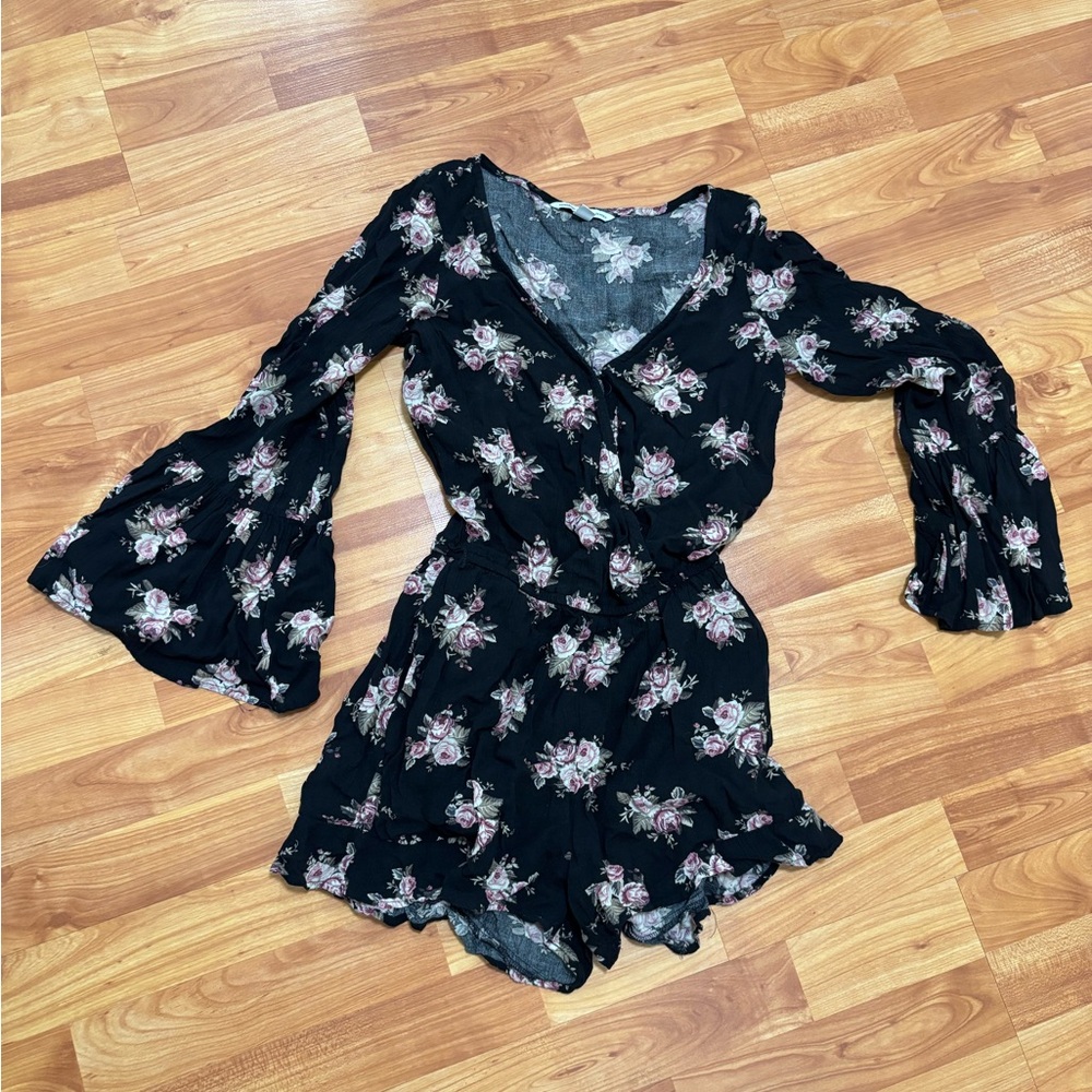 American Eagle Black Floral Bell Sleeve Romper